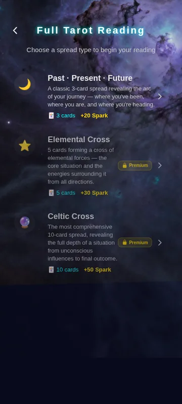 Tarot spread reading screen